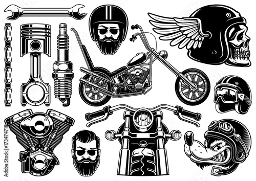 Motorcycle clipart with 12 elements on white background