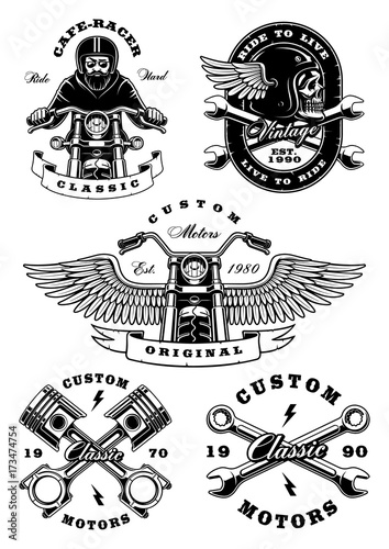Set of 5 vintage motorcycle labels, badges, designs on white background_2