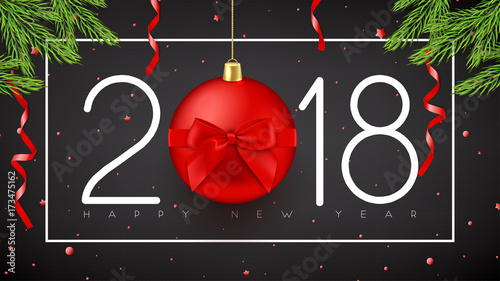 Happy New Year greeting background. Holiday card with red ball and fir branches on black backdrop. Vector illustration with confetti and satin ribbon.