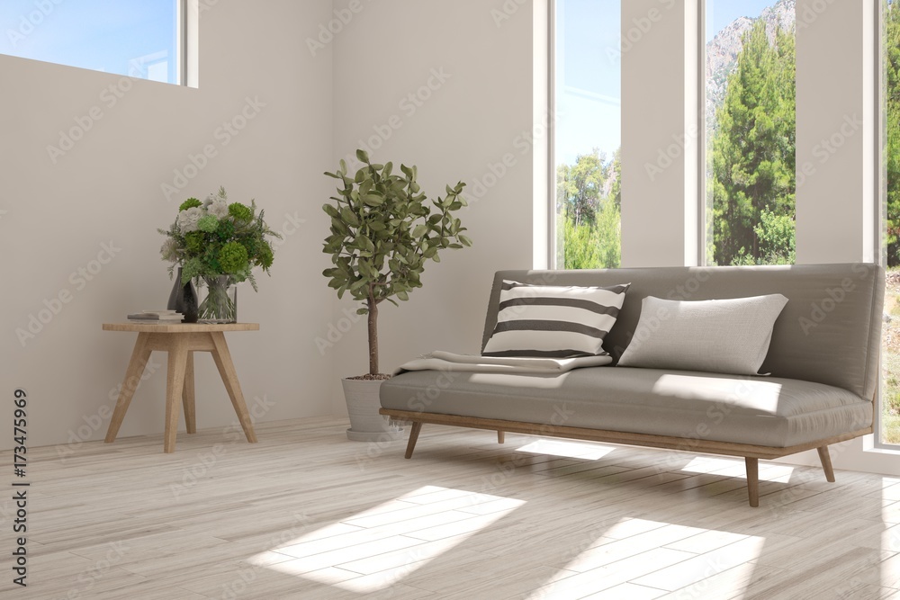 Idea of white room with sofa and summer landscape in window. Scandinavian interior design. 3D illustration Idea of white room with sofa and summer landscape in window. Scandinavian interior design. 3D illustration