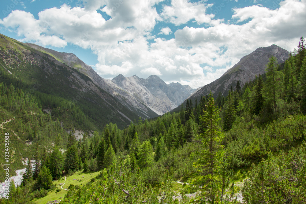 Valley view in Swiss Alps during a hiking day in Summer in Engadin, Switzerland