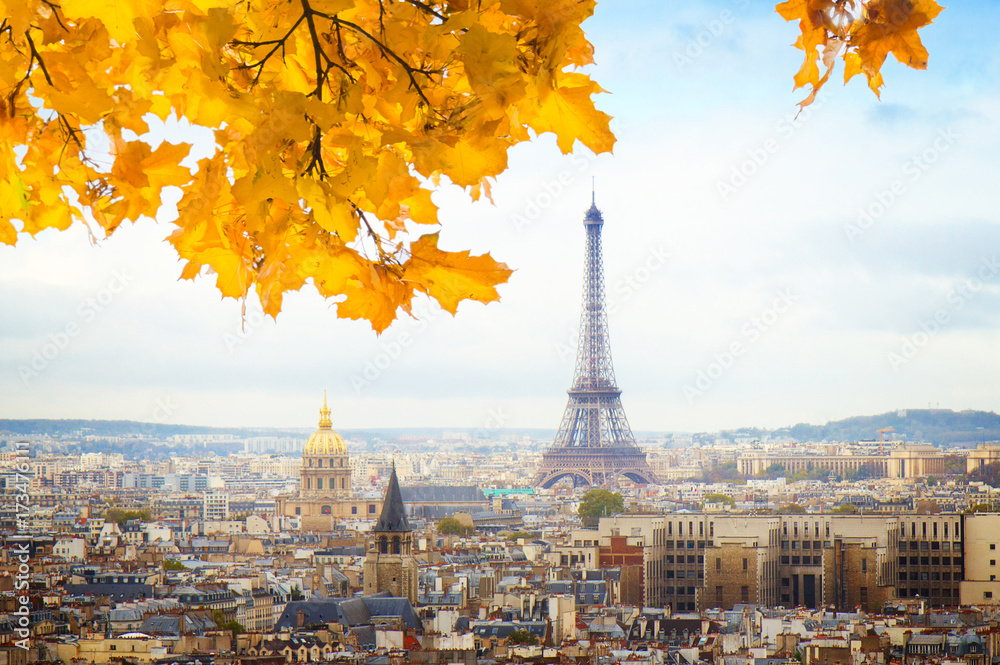 Naklejka panoramę miasta Paryż z wieży Eiffla z góry jesienią, Francja, stonowanych