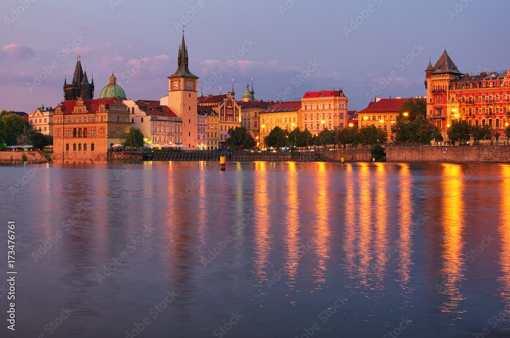 Summer sunset panorama of the Old Town and Vltava river in Prague. Czech Republic