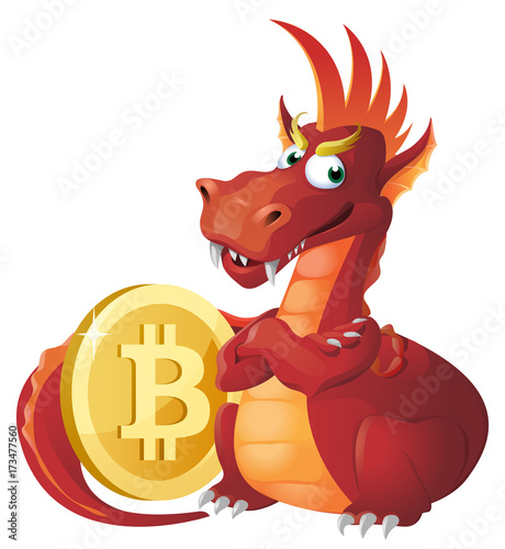 Red Dragon guards bitcoin symbol. Cartoon styled vector illustration. Elements is grouped. Isolated on white. No transparent objects.