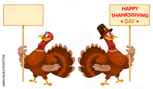 One turkey holds blank banner and another turkey holds Happy Thanksgiving Day banner. Cartoon styled vector illustration. Elements is grouped. No transparent objects. Isolated on white.