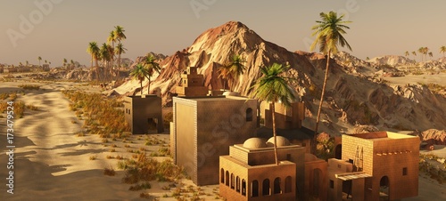 Fotografie Arabic small town on desert, 3d rendering