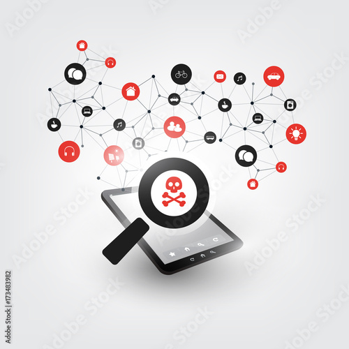Security Audit, Virus Scanning, Cleaning, Eliminating Malware, Ransomware, Fraud, Spam, Phishing, Email Scam, Hacker Attack Effects and Damage - IT Security Concept Design, Vector illustration