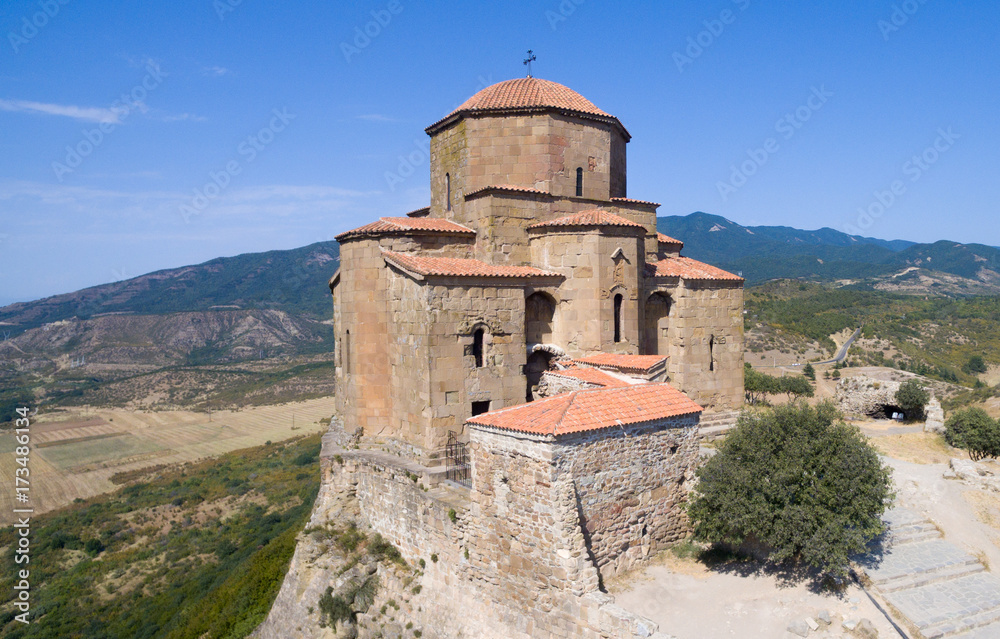 famous Jvari Monastery in sunny summer weather aerial view