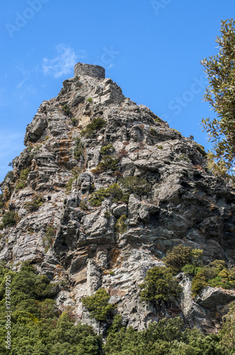 Corsica, 03/09/2017: vista della Torre di Seneca, antica torre genovese del XVI secolo nel cuore del Capo Corso, costruita come torre di guardia, monumento storico dal 1840