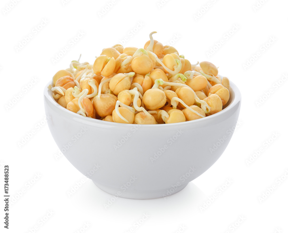 Germinated chickpeas in a bowl on white background Germinated chickpeas in a bowl on white background