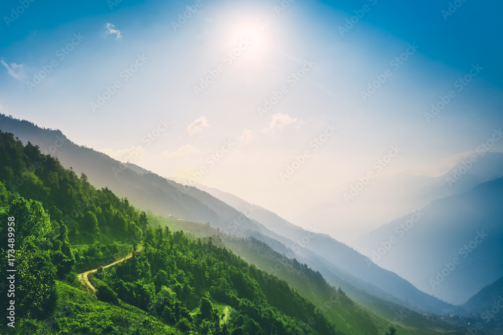 Fototapeta premium Tourist trail among green forest in Mountain Valley. Blue sky in the background. Trekking route to Everest Base Camp, Himalayas, Nepal. Holidays, travel, sport, recreation. Beautiful nature landscape