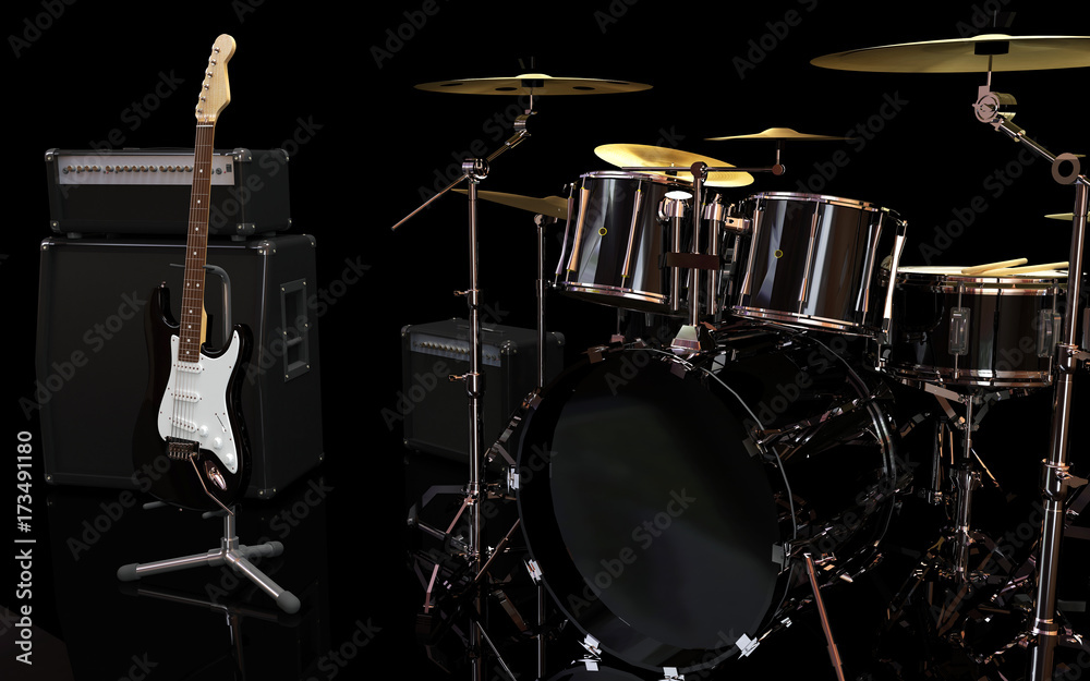 Fototapeta premium guitar, amplifier & drums in the black music room