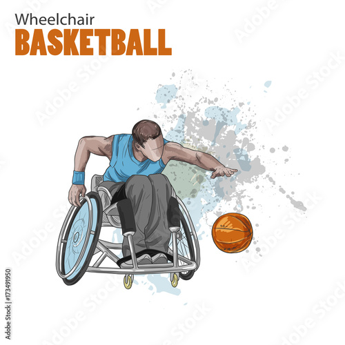 Hand drawn illustration. Wheelchair Basketball. Vector sketch sport. Graphic figure of disabled athlete with a ball. Active people. Recreation lifestyle. Handicapped people.