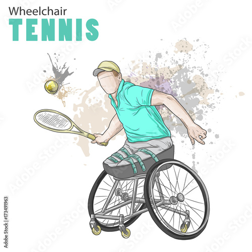 Hand drawn illustration. Wheelchair Tennis. Vector sketch sport. Graphic figure of disabled athlete with a racket and ball. Active people. Recreation lifestyle. Handicapped people.