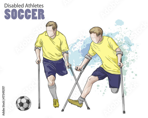 Hand drawn illustration. Amputee Football players. Vector sketch sport. Graphic figure of disabled athletes on crutches with a ball. Active people. Recreation lifestyle. Handicapped people.