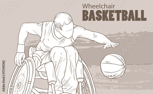 Hand drawn illustration. Wheelchair Basketball. Vector sketch sport. Graphic silhouette of disabled athlete with a ball. Active people. Recreation lifestyle. Handicapped people.