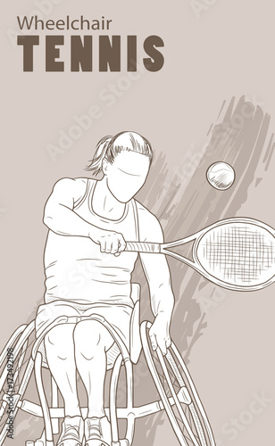 Hand drawn illustration. Wheelchair Tennis athlete. Vector sketch sport. Graphic silhouette of disabled girl with a racket and ball. Active people. Recreation lifestyle. Handicapped people.