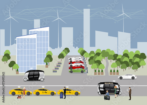 The city of the future concept. Electric vehicles, autonomous buses. Internet of things. Electrical technology. Vector illustration.