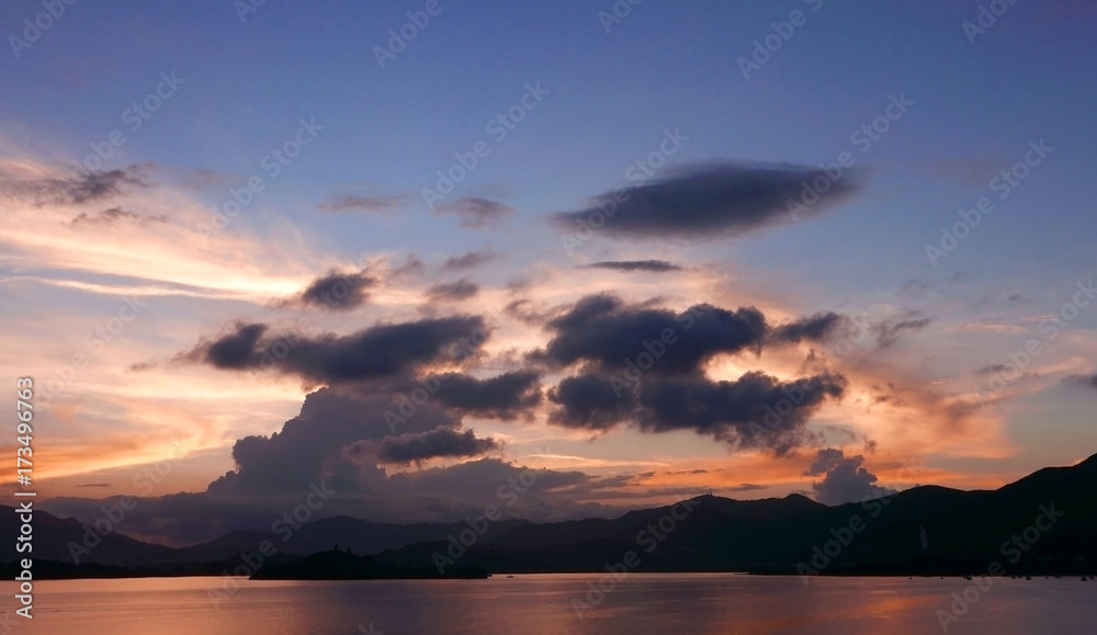 mountain, cloudscape, dramatic sky, ocean at sunset
