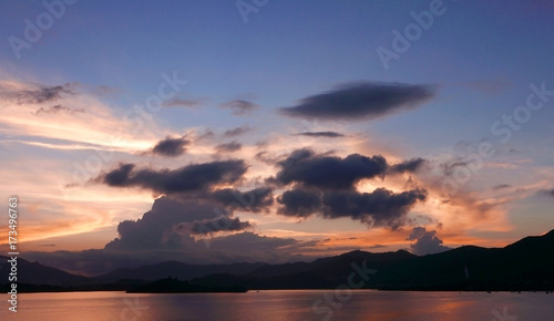 mountain, cloudscape, dramatic sky, ocean at sunset