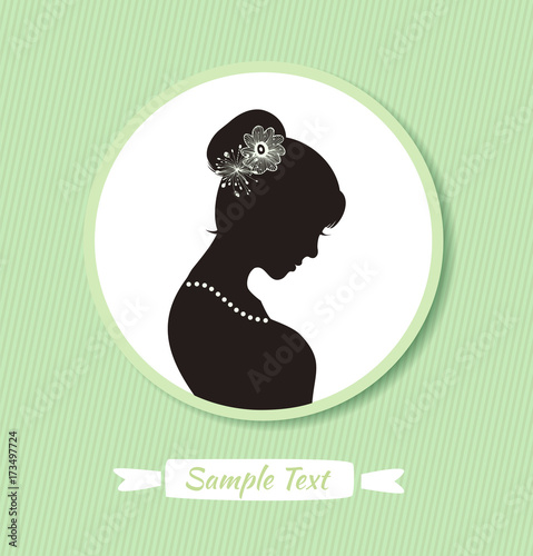 Romantic woman head silhouette in round frame. Vector Isolated woman half face. Vintage lady portrait