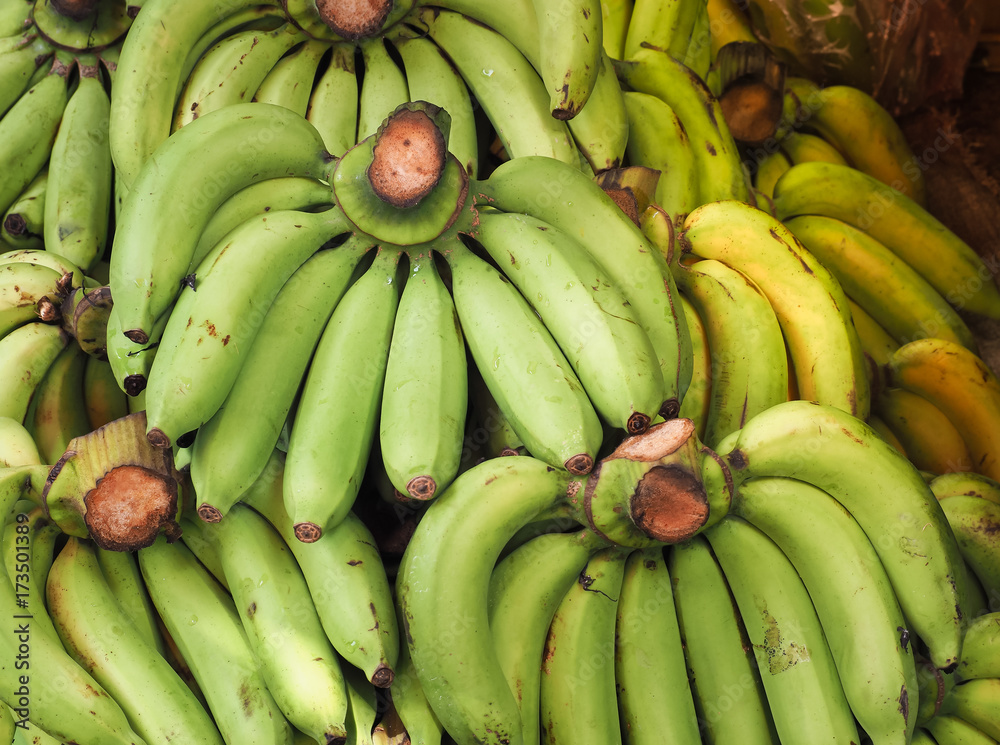 Bunch of ripened organic bananas at farmers market, Thailand