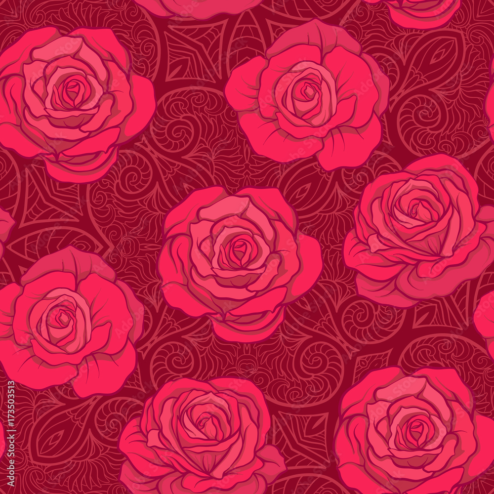Fototapeta Wzór z czerwonymi różami na tle z rocznika patte