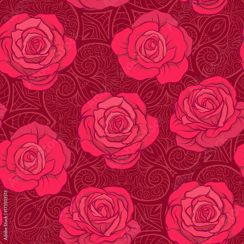 Seamless pattern with red roses on background with vintage patte