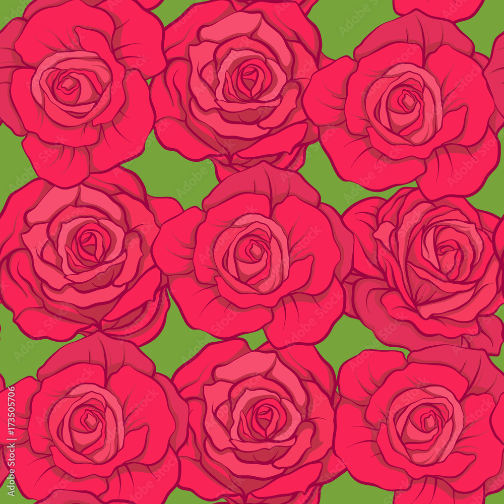 Fototapeta Wzór z czerwonych róż na zielonym tle. Zdjęcie stockowe