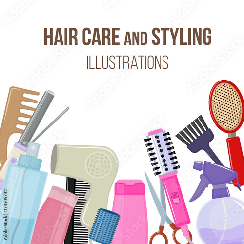 Set of colorful equipments for styling and hair care. Products and tools for home remedies of hair care. Vector