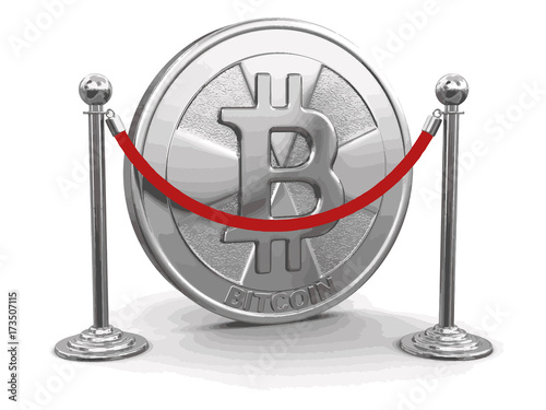 Silver bitcoin  and chrome stanchions with rope. Image with clipping path