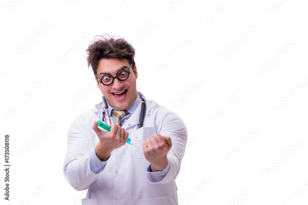 Funny doctor with syringe isolated on white Funny doctor with syringe isolated on white