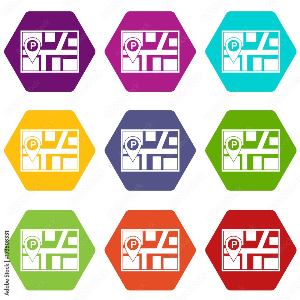 Map with car parking pointer icon set color hexahedron Map with car parking pointer icon set color hexahedron