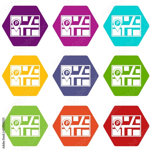 Map with car parking pointer icon set color hexahedron © ylivdesign