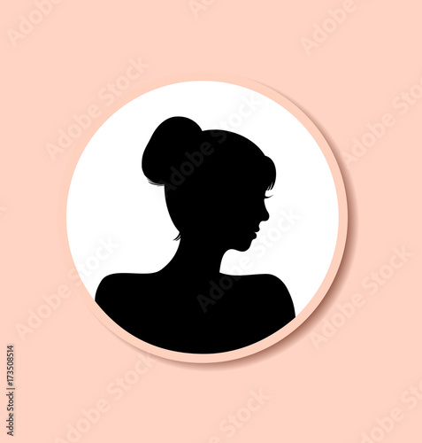Retro woman head silhouette in round frame. Vector Isolated woman half face. Vintage lady portrait. Contour image of head