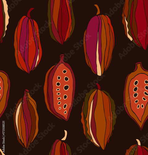 Seamless contrast pattern with cocoa beans. Decorative vector colorful chocolate background