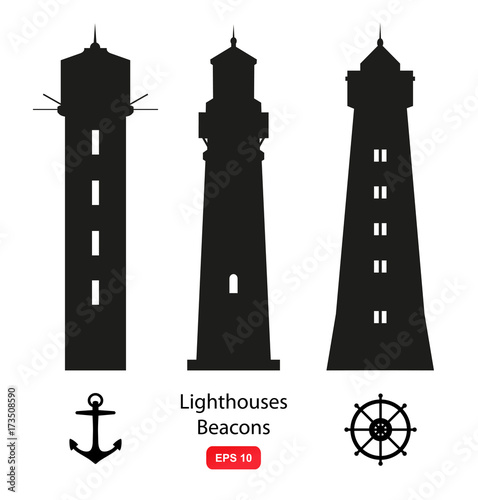 Vector set of isolated silhouettes with lighthouses, beacons and marine symbols