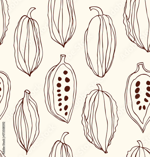 Seamless pattern with cocoa beans. Decorative vector contour chocolate background