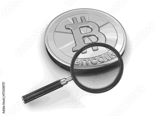 Magnifying Glass and Bitcoin. Image with clipping path