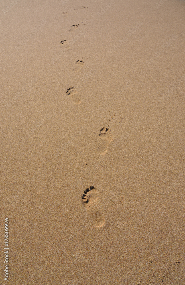 Footprints in the sand. Only one walker's footprints in the smooth sand. Footprints in the sand. Only one walker's footprints in the smooth sand.
