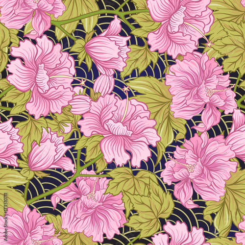 Seamless pattern with pink peony in Japanese style. Vector stock