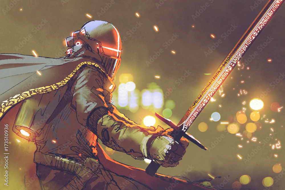 Obraz sci-fi charakter rycerza awatara w futurystycznej zbroi trzymającej magiczny miecz, cyfrowy styl, ilustracja malarstwo