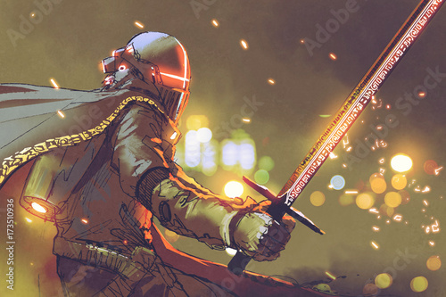 Naklejka sci-fi character of astro-knight in futuristic armour holding magic sword, digital art style, illustration painting