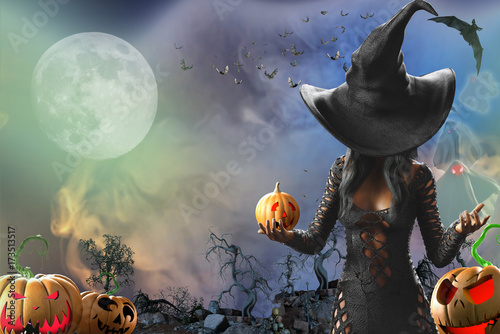 3D Illustration of beautiful witch woman Halloween render photo
