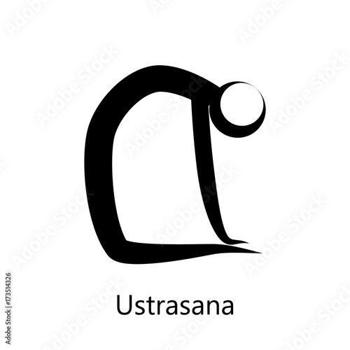 Camel Pose, Ustrasana. Yoga Position. Vector Silhouette Illustration. Vector graphic design or logo element for spa center, studio, poster. Yoga retreat. Black. Isolated.