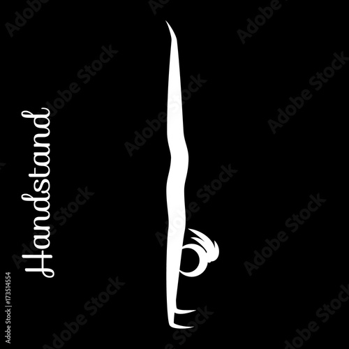Handstand, Adho Mukha Vrksasana. Yoga Position. Vector Silhouette Illustration. Vector graphic design or logo element for spa center, studio, class, center, poster. Yoga retreat. White.