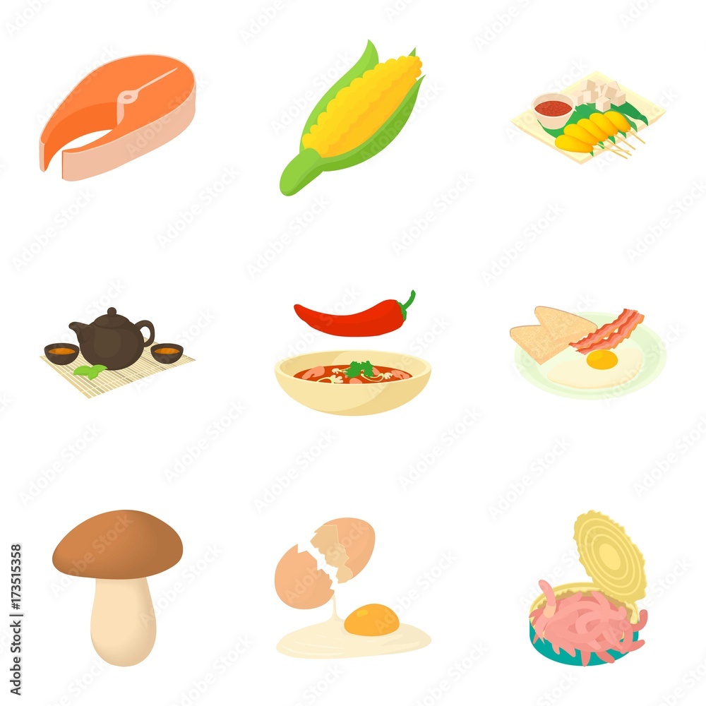 Spicy food icons set, cartoon style Spicy food icons set, cartoon style