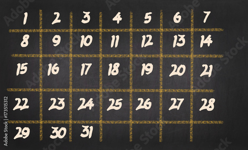 Monthly Calendar with 31 days on chalkboard background