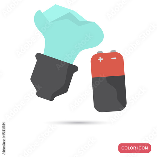 Broken light bulb and finger battery for garbage color flat icon