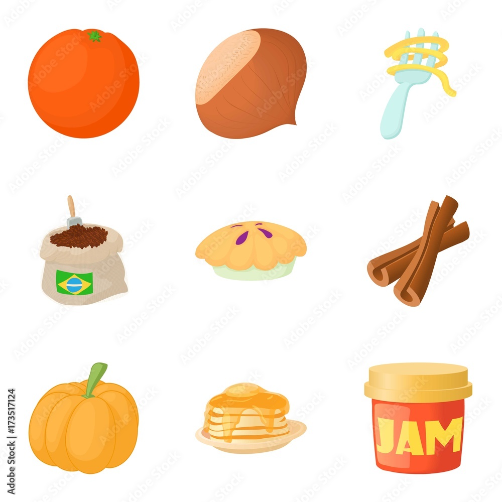 Food with jam icons set, cartoon style